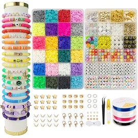 Kit de fabricación de pulseras, 6000+ Cuentas para Pulseras, Cuentas De Arcilla para Hacer Pulseras y Collares con Cuerda,Tijeras Pequeñas