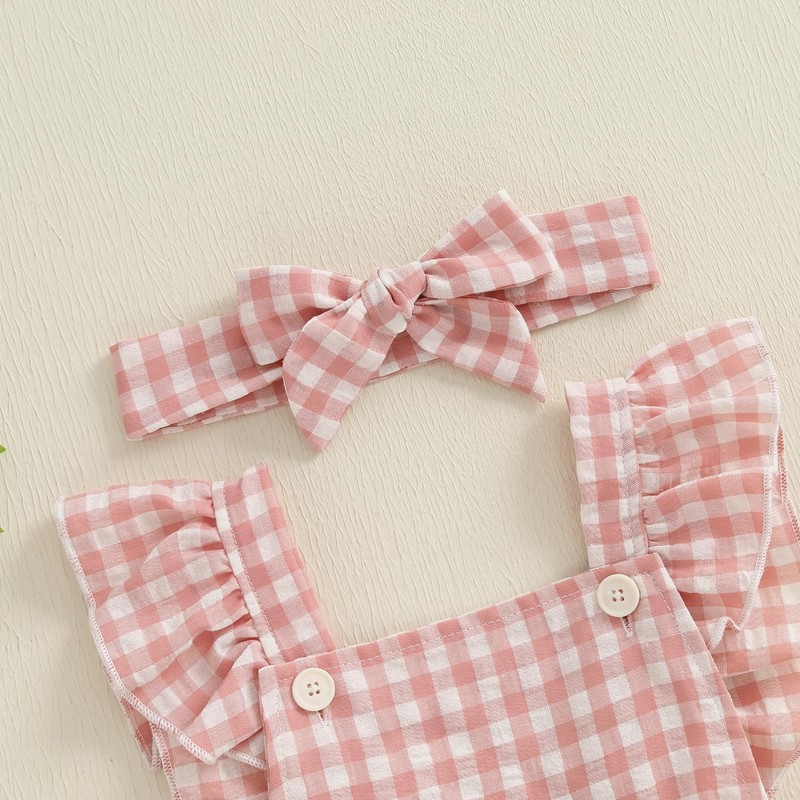 Baby Girl Summer Outfit Goose Embroidery Plaid Ruffle Sleeveless Bubble