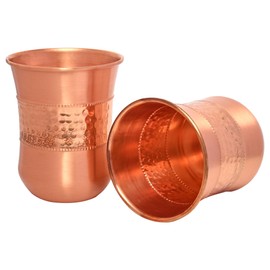 Copper Tumbler Set of 2, Hammered and Plain, 250 Ml (8.45 US Fluid Ounce) Capacity For Ayurveda Health Benefits (Curved)