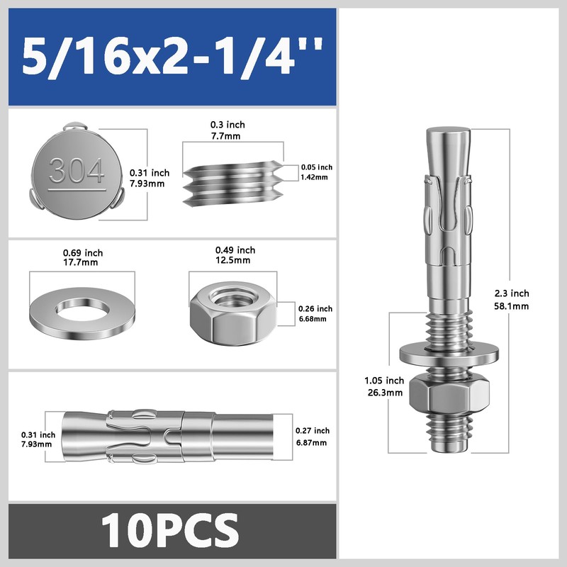 Wensilon 10Pcs 5/16x2-1/4 Inch Standard Fasteners for Heavy-Duty 304 Stainless