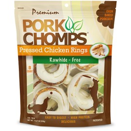 Pork Chomps Pressed Pork Skin Dog Chews, 2.5-inch Rings, Real Chicken, 8 Count