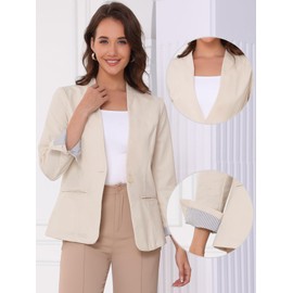 Allegra K Linen Blazer for Women's V Neck Single Button Long Sleeve Solid Lightweight Work Business Blazers Apricot Large