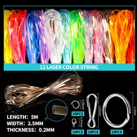 FANDAMEI Lanyard String Kit, 12 Laser Colors Plastic String Lacing Cord, Glossy Laser Color, Lanyard String for Crafts, Bracelets and Jewelry Making String Weaving Kit, Plastic String for Bracelets