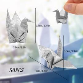 WANDIC Origami Paper Cranes Handmade Folded Origami Paper Crane Garland Garland for Wedding Party Background Home Decoration Glitter Silver 50pcs