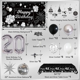 Miidenks 20th Birthday Decorations Set for Man Women,Black Silver Happy 20 Birthday Party Supplies with Birthday Backdrop Banner Birthday Tablecloth 20 Number Balloons for Her Him