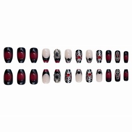 MISUD Press on Nails - Medium Coffin Fake Nails with Goth Red Black, Acrylic Gothic Spider Design 24 pcs