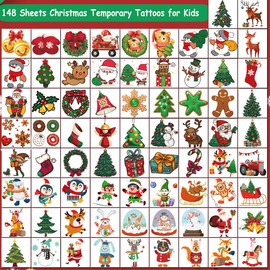 CHARLENT Christmas Temporary Tattoos for Kids - 148 PCS Christmas Individual Tattoos for Kids Christmas Xmas Party Favors, Stocking Stuffer, Christmas Eve Gift