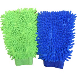 House Cleaning and Car Wash Mitts, Home Dusting Microfiber Gloves, Washing Clean Faster (Green/Blue, One Size)