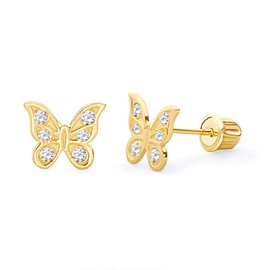 14k REAL Yellow Gold Butterfly Stud Earrings with Screw Back