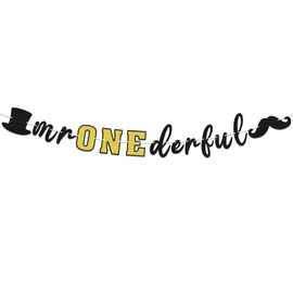 LASKYER Mr Onederful Black and Gold Glitter Garland Banner Perfect for Wonderful Little Man Baby Boy 1st Birthday Party Decorations.