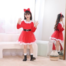 SAVE-Z Santa Costume for Kids, Christmas Santa Dress with Headband for Girls, Santa Claus Costume with Fur (140 (Height 120-130 cm))