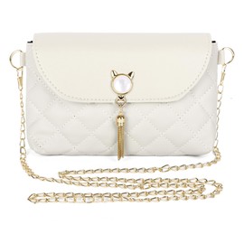 Small Crossbody Bags for Women, Trendy Quilted Purse with Cute Cat Shape Tassels, Chain Shoulder Bag for Female Teen Girls (White)