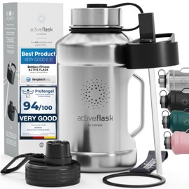 Trinkflasche Edelstahl ACTIVE FLASK + Strohhalm (3 Deckel) | Große 1,3 / 2,2 Liter Sportflasche BPA-frei Auslaufsicher Kohlensäure geeignet, 2l XL Wasserflasche Sport Outdoor Fitness Wasser Flasche