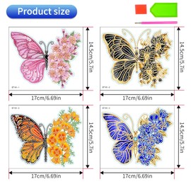Set of 4 Butterfly Diamond Painting Sticker Set for Children, 5D Diamond Painting Sticker Kit, Flowers Diamond Painting Pictures, Children's Stickers, Boys Girls Beginners, Diamond Mosaic Picture Gift