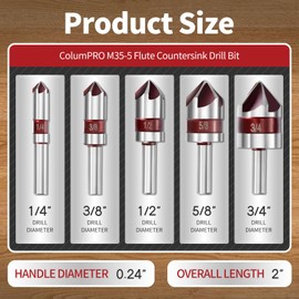 ColumPRO 5PCS Cobalt 5-Flute Countersink Drill Bit Set - Heavy-Duty M35 82-Degree Countersink Chamfer Tool Set for Metal,Stainless Steel,Copper,Wood,Fiberboard,Plastic,SAE 3/4”,5/8”,1/2”3/8”,1/4”