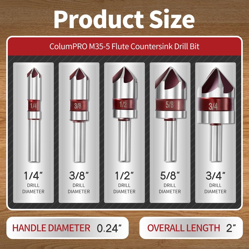 ColumPRO 5PCS Cobalt 5-Flute Countersink Drill Bit Set - Heavy-Duty