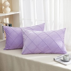 JAUXIO Diamond Pinch Pleated Crystal Velvet Pillowcases 2 Pack Solid Pintuck Throw Cushion Cover for Home Decor Hidden Zipper Closure (Lilac, King)