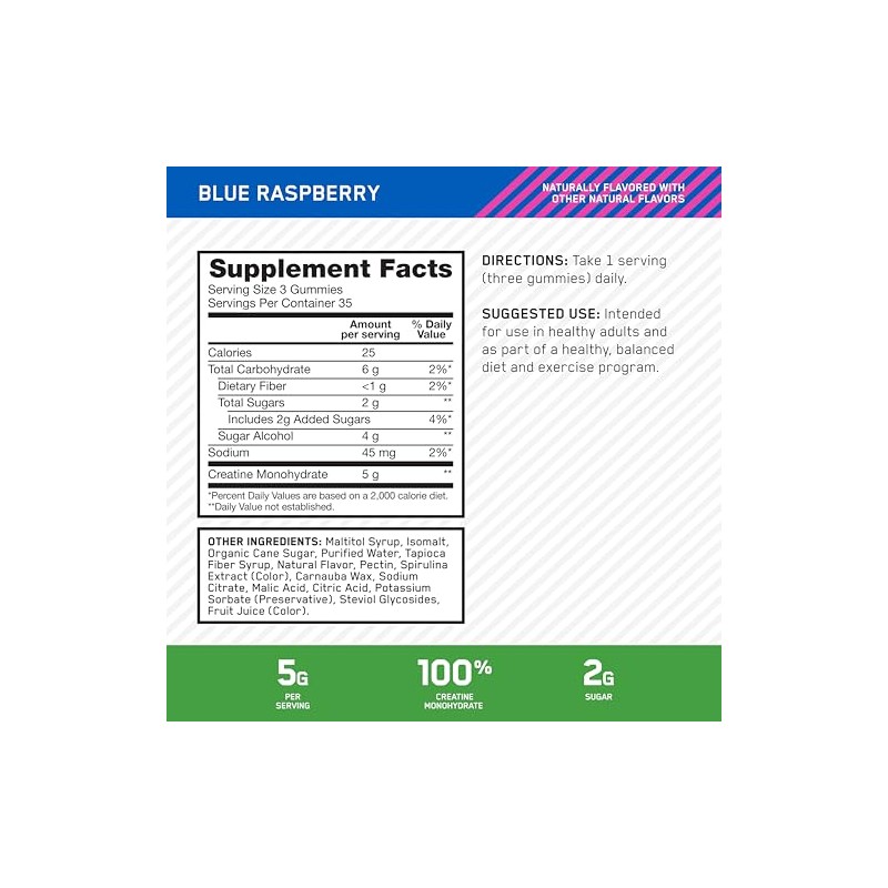 Optimum Nutrition Creatine Monohydrate Gummies, Blue Raspberry Flavor, 105 Count,