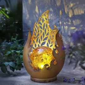 Huaxu Solar Lights Outdoor Decor Waterproof Metal Cracked Glass Globe with Copper Flame Effect, Table Decorations LED Lamp Gift for Garden Lovers Mom Women Patio Lawn Yard Pathway Outside