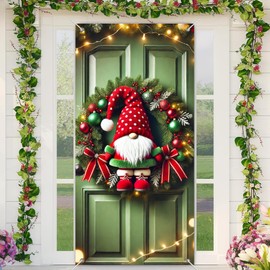BlissYard Christmas Door Cover Photography Background Gnome Wreath 35x71 Inch Holiday Winter Door Decor Banner for Home Outdoor Indoor Kitchen Entryway Party Decoration Festive Scene