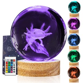 3D Axolotl Crystal Ball Night Light with LED Wooden Base Upgraded 3.15 Inch Glass Ball Lamps with 16 Color and Remote for Birthday Christmas, Cool Axolotl Toy Decor Gifts for Boys Girls Kids