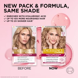 L'Oréal Excellence Créme 8.12 Natural Frosted Beige Blonde: 100% Grey Coverage, Hyaluronic Acid for 10x Nourished, 2x Shinier Hair. Achieve a cool, luminous frosted beige blonde.