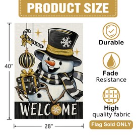 Dyrenson Welcome Christmas Snowman Black Gold 28 x 40 House Flag Double Sided, Xmas Gifts Garden Yard Decorations, Winter Holiday Burlap Outdoor Decor Decorative Large Flag