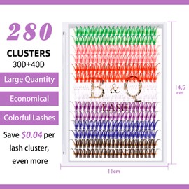 Lash Clusters Colored DIY Eyelash Extensions 280 Clusters Lashes 40D-0.07D-15mm B&Q LASH 7 Color Mix Volume Eyelash Clusters Wispy Individual Lashes Cluster DIY at Home(7MIX,40D-0.07D-15mm)