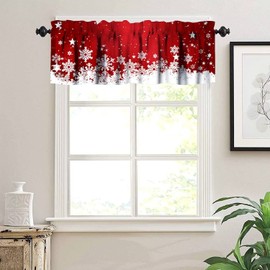 Christmas Kitchen Curtains Valance, Red Short Curtains for Windows, Floral Snowflake Decoration Cafe Curtains, Thermal Insulated Room Darkening Short Curtain 54" X 18"-1 Panel