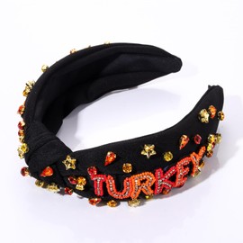 NVENF Thanksgiving Turkey Beaded Pearl Rhinestone Knotted Headband - Autumn Fall Thanksgiving Hair Accessory Outfits Holiday Gifts