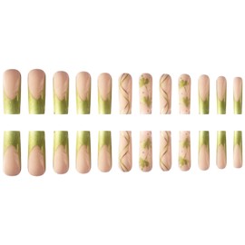 Long Square Press On Nails St.Patrick’s Day Fake Nails Green Shamrock False Nails Full Cover Glue On Nails Acrylic Nails Press Ons French Tip Stick On Nails Artificial Glossy Designs For Women