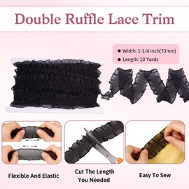 Spritewelry 10 Yards Double Ruffle Lace Trim 1-1/4 inch Black Ruffle Stretch Elastic Edging Trim Ribbon Pleated Lace Ribbon Ruffled Trimming Craft Ribbon for Gift Wrapping Bouquet Wedding Decor