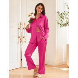 Ekouaer Womens 2 Piece Silk Satin Pajama Set Long Sleeve Lounge Sets Button Down Shirts and Pants PJs Soft Sleepwear Sets Rose Red XL