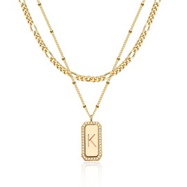 Layered Initial Necklaces for Women Trendy 14k Gold Plated Figaro Chain Dainty Gold Choker Necklaces Set Bar Rectangle Pendant Necklaces Simple Dainty Letter K Necklace Everyday Gold Jewelry
