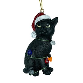 Black Cat Christmas Tree Ornament with Santa Hat Wrapped in Christmas Tree Colored Lights