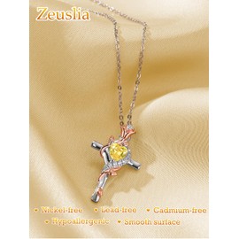 Zeuslia Women's Necklace Rose Cross Pendant Necklace Sterling Silver Cross Birthstone Rose Pendant Anniversary Wedding Birthday Jewellery Gifts for Wife Mother Girlfriend, Sterling Silver, Citrine