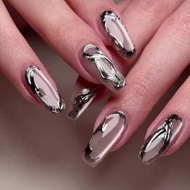 Coffin Press on Nails Medium Fake Nails Cat's Eye False Nails with Silver Embossed Designs Stick on Nails Glossy Glue on Nails Cute Artificial Nails for Women 24 pcs