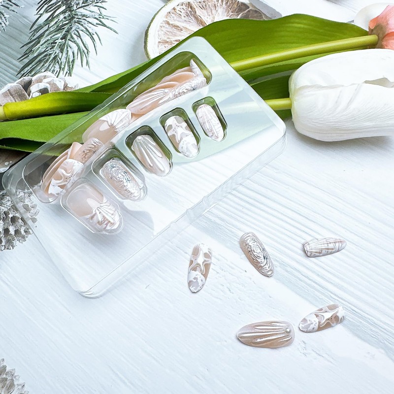 30Pcs Summer Beach Press on Nails Medium Almond Nails French