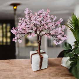 KRISTALGLOBE Rose Quartz Crystal Tree, Crystal Tree with Gemstones Base, Natural Healing Crystal Feng Shui Gemstone Money Tree, Pink Ornaments for Home Decor Wealth Good Luck-Copper Wire