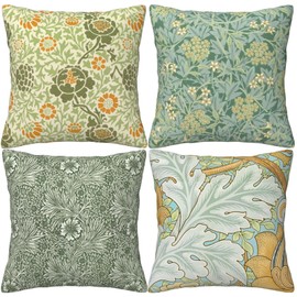 HOSTECCO Vintage Floral Cushion Covers 45x45 cm Pack of 4 Botanical Flowers Printed Pillow Cases Square Decorative Cushion Covers for Sofa Couch Office