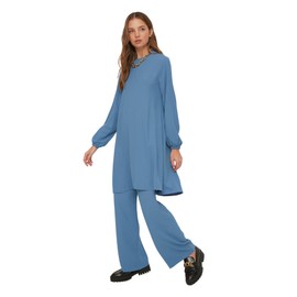 Trendyol Women Plain Elastic Waist Detailed Woven Tunic Modest Top-Bottom Sets Blue