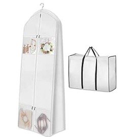Portable 70" Wedding Dress Garment Bag with Bride Tote Bag 8'' Gusseted Dress Bags for Gowns Long 4 Pockets Dress Cover for Women, White