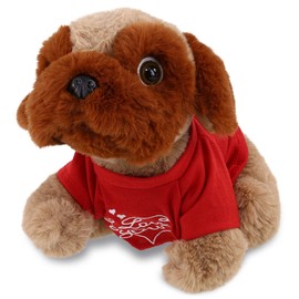 DolliBu I Love You Valentine Plush Brown Pug Dog - Cute Stuffed Animal with Red Shirt and Name Personalization Gift for Valentines Day, Birthday, Anniversary, Romantic Date - 8 Inches