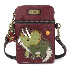 CHALA Cell Phone Crossbody Purse-Women PU Leather/Canvas Multicolor Handbag with Adjustable Strap - Triceratops - maroon