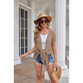 Long Cardigans for Women Trendy Short Sleeve Open-Front Summer Cardigan Knitted Swimsuit Cover Ups Cover Up Brown S