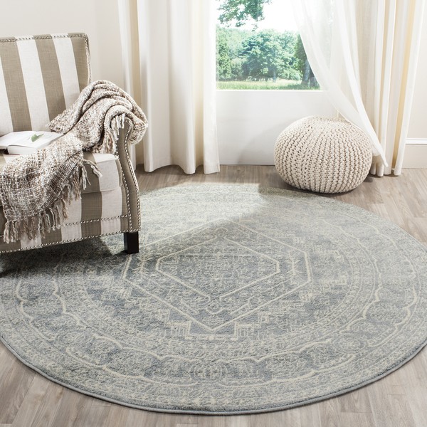 SAFAVIEH Adirondack Collection ADR108T Oriental Medallion Non-Shedding Dining Room Entryway Foyer Living Room Bedroom Area Rug, 6' x 6' Round, Slate / Ivory