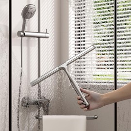 Shower Squeegee for Glass Doors, Stainless Steel Shower Squeegee for Bathroom, Window and Tiles, All-Purpose Squeegee with Adhesive Hook-10”, Chrome