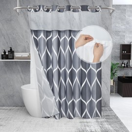 Yiatn Grey Blue No Hook Shower Curtain with Snap in Liner - Hotel Style with See Through Mesh Top Window, Modern Geometric Waterdrop Design,Waterproof and Washable,- 71x74 INCH