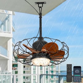 Chords Attic 20" Gazebo Ceiling Fan with Lights, Black Outdoor Ceiling Fans with 6 Speeds, Portable Hanging Waterproof Caged Ceiling Fan with Dimmable LED Lights for Gazebo Terrace