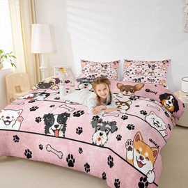 Manfei Cartoon Puppy Pet Animals King Size Comforter/Duvet Set,Cute Dog Ultra Soft Bed Collection,Black Paw Bone Print Pink Bedding for Room Decor 3 Pcs,Microfiber Breathable